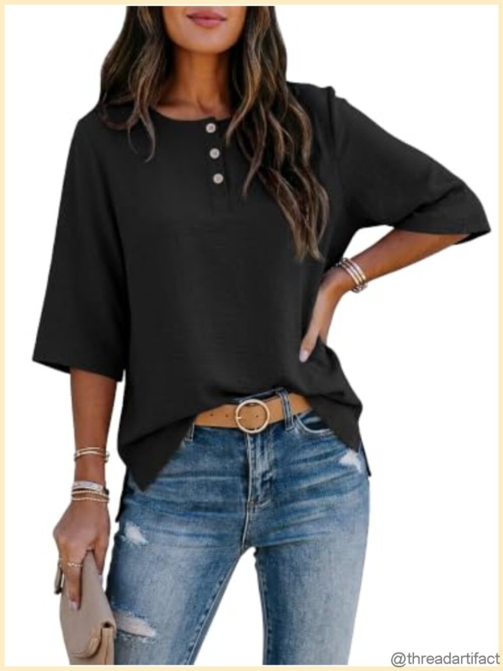 Women's 3/4 Sleeve Button Down Blouse Loose Fit Wrinkle Resistant Summer Top